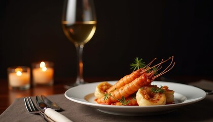 Romantic seafood plate with wine glass and candles, captured in soft tones for fine dining promotions and romantic restaurant settings.