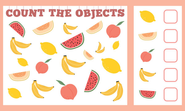Count the Fruits – Hand-Drawn Tropical Fruit Illustration Set. Fun and educational counting activity for kids with colorful flat-style fruit graphics. Perfect for preschool and early learning.