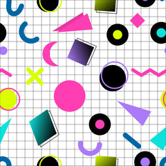 Retro 80s style minimal sealmless pattern, geometric shapes background in a retro style colour scheme