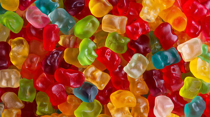 鮮やかな色合いのグミキャンディが敷き詰められたポップな構図。お菓子系デザインやポップアート背景に活用できる素材。
