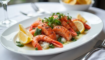 Photorealistic seafood plate on a minimalist table in white tones, styled for restaurant ads and elegant dining concepts.