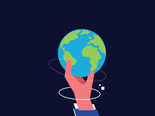 Different style hands holding globe, earth. Earth day concept. Earth day vector illustration for poster, banner,print,web. Saving the planet,environment together.Modern cartoon flat style illustration