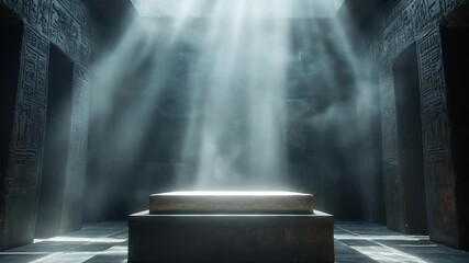 Ancient Tomb Chamber: Sunbeams Illuminate Stone Altar in Mysterious Egyptian Temple - Powered by Adobe