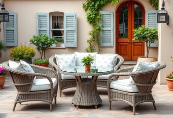 Fototapeta premium Neutral-toned European style patio furniture set, wicker chairs and table, living, furniture