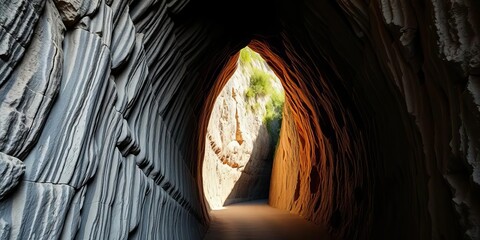 Narrow, winding tunnel carved into Amalfi Coast cliff face, dramatic shadows,  travel,  road