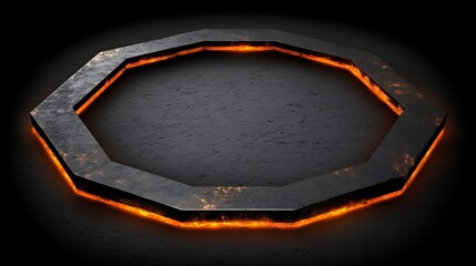 Octagonal metal frame with glowing orange inner edge on dark textured background