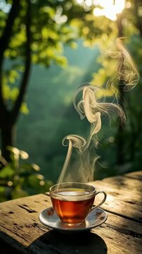Steaming Cup of Tea on Wooden Table in Forest Morning Light