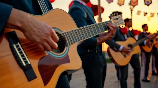 A close-up of a man's hands playing a guitar, part of a mariachi band performing in traditional Mexican costumes. Cinco de Mayo. Independence Day. Fiesta and festival vibe