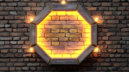 Octagonal glowing frame on brick wall