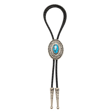 Intricate silver and turquoise bolo tie with braided leather cord