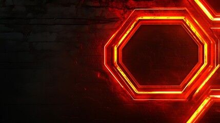 Octagonal neon frame on dark wall