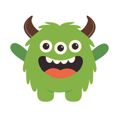 Green monster icon. Happy Halloween. Funny cartoon kawaii character. Smiling face. Cute colorful monsters silhouette. Horns, teeth eyes, hands. Flat design. Childish style. White background. Vector