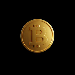 Golden Bitcoin 3D render on black background, digital currency concept