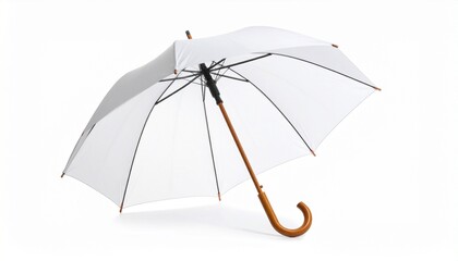 An elegantly simple white umbrella with a curved wooden handle&mdash;open and poised against a soft backdrop&mdash;evoking themes of quiet refuge, serene style, and the understated architecture of protection