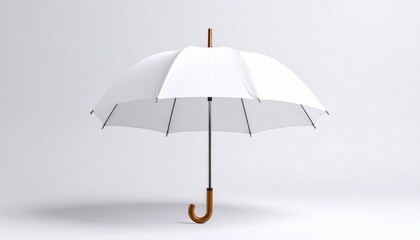 An elegantly simple white umbrella with a curved wooden handle—open and poised against a soft backdrop—evoking themes of quiet refuge, serene style, and the understated architecture of protection