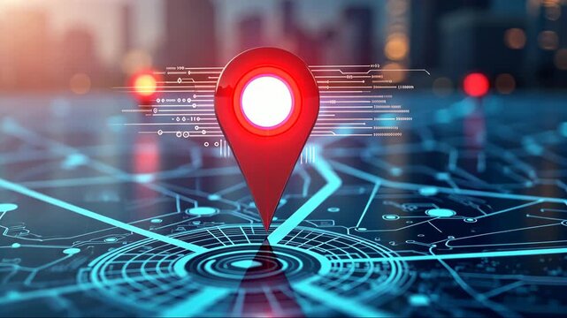 Digital map interface shows red location marker. City landscape blurred background. Tech map displays city streets
