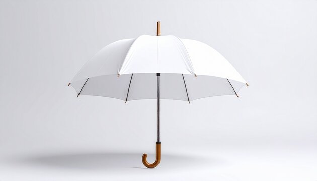 An elegantly simple white umbrella with a curved wooden handle—open and poised against a soft backdrop—evoking themes of quiet refuge, serene style, and the understated architecture of protection