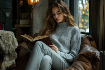 A woman is reading a book in a cozy setting