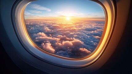 Airplane window view of sunset over clouds