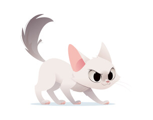 Fierce white cartoon cat with raised tail and narrowed eyes in a crouched attack stance. Expressive and energetic character on a white background. Great for emotions and animal designs