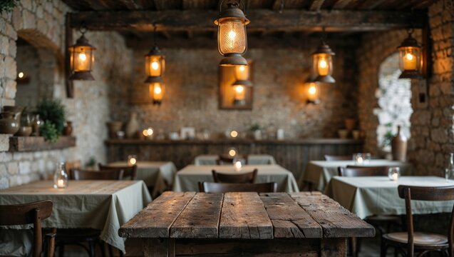 Atmospheric rustic restaurant interior with warm, glowing lantern lights illuminating stone walls and wooden tables, creating an inviting, cozy, and traditional dining ambiance