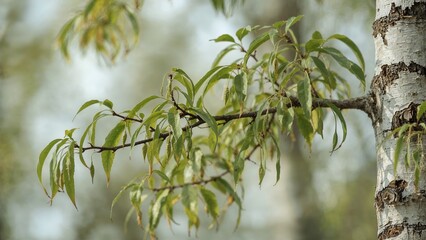 Close-up of a birch tree twig featuring vibrant leaves and blooming catkins