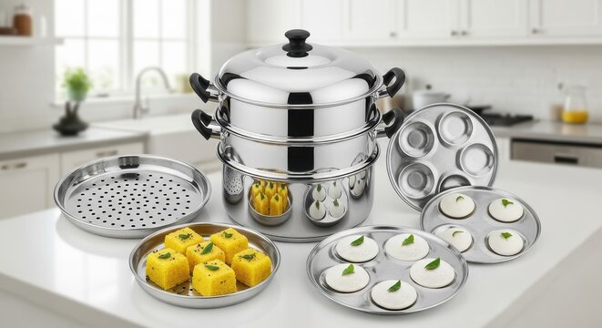 Stainless Steel Idli and Dhokla Steamer Cookware Set Product Shot on Kitchen Counter - Powered by Adobe