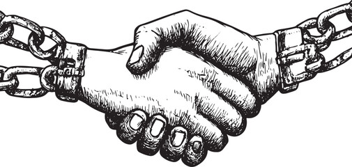Handshake of prisoners in shackles with chain sketch engraving vector illustration. Scratch board style imitation. Black and white hand drawn image.