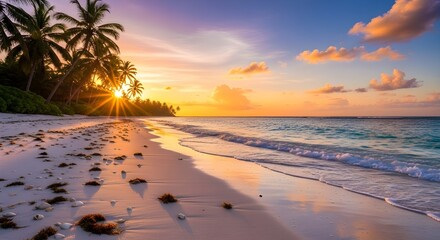 Stunning tropical beach scene at sunset with glowing sky, palm trees, calm ocean waves, white sand, seaweed, and radiant sunlight reflecting on the water and wet sand