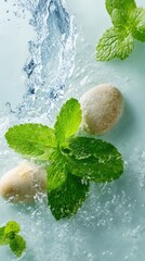 Fresh mint leaves and smooth stones submerged in clear water with bubbles and splashes, creating a refreshing and natural scene.
