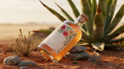 A bottle containing an amber colored ale with a floral label.