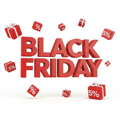 word Black Friday in 3d red color with gifts by side on white background
