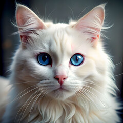 white fluffy cat with blue eyes close up