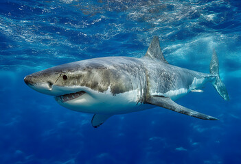 Naklejka premium Great white shark in deep blue water.
