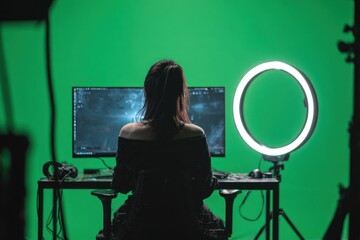 Woman gaming, green screen, computer