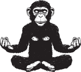 Chimpanzee monkey meditating in Lotus position sketch engraving vector illustration. Tee shirt apparel print design. Scratch board style imitation. Black and white hand drawn image.