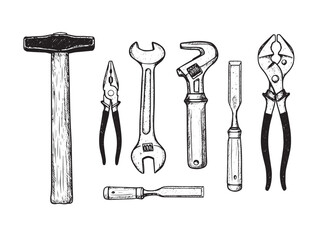 Engraved classic tools with detailed metal texture in hand-drawn vintage illustration style