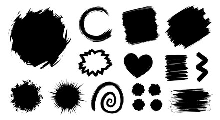 Collection of Black Ink Brush Strokes and Shapes for Artistic Design Elements.