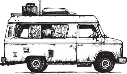 Camper van vehicle trailer sketch engraving vector illustration. Tee shirt apparel print design. Scratch board style imitation. Black and white hand drawn image.