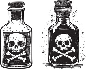 Poison venom bottle with skull and crossbones sketch engraving vector illustration. T-shirt apparel print design. Scratch board style imitation. Black and white hand drawn image.
