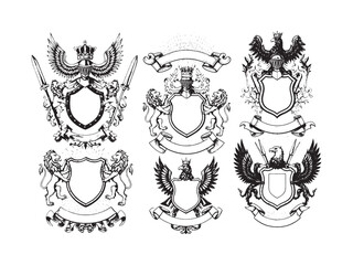 Obraz premium Engraved heraldic shields and emblems with lions banners and scrolls in vintage classic style