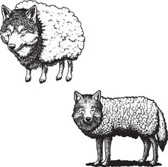 Wolf in sheeps clothing sketch engraving vector illustration. T-shirt apparel print design. Scratch board style imitation. Black and white hand drawn image.