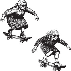 Old woman grandmother rides on skateboard sketch engraving vector illustration. T-shirt apparel print design. Scratch board imitation. Black and white hand drawn image.