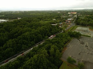 Morning traffic on bridge with river and mangrove area.