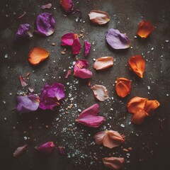 Scattered rose petals in vibrant purple, orange, and pink hues lie on a dark textured surface with salt crystals and small seeds.