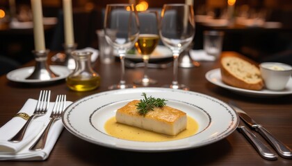 Photorealistic fish entrée with full formal table setting, silverware, crystal glasses, and candlelight, using focus stacking for restaurant advertising visuals.