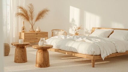 Cozy white bedroom featuring natural wooden tables and modern bright furniture with a blurred interior background
