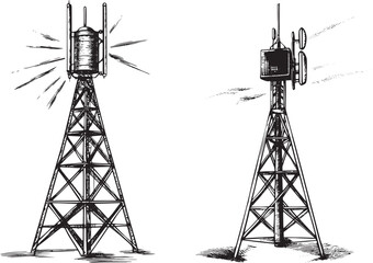 Old vintage radio tower broadcast transmitter color sketch engraving vector illustration. Scratch board style imitation. Black and white hand drawn image.