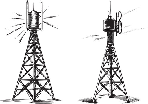 Old vintage radio tower broadcast transmitter color sketch engraving vector illustration. Scratch board style imitation. Black and white hand drawn image.
