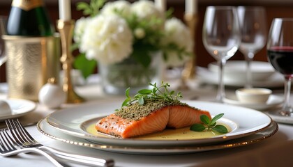 Photorealistic banquet-style fish dish with multi-layered table setting, textiles, candles, and silverware, captured with focus stacking for premium menus.